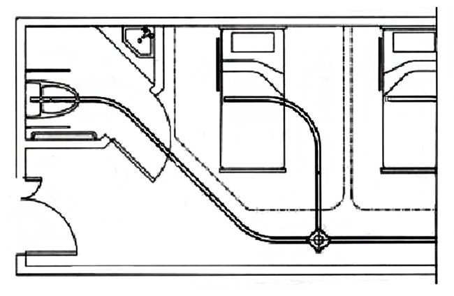 Ergonomic floor plan of a bariatric suite with overhead hoist rail