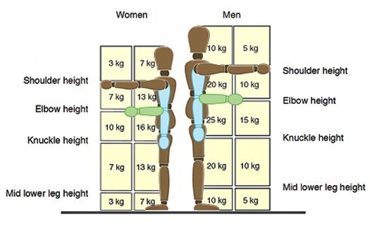 HSE recommended lifting weight limits by zone